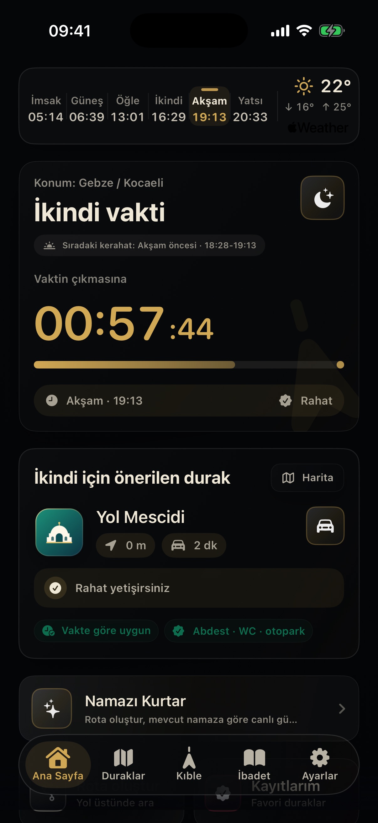 Namaz Durağı güncel ana ekranı; vakit, hedef bölge hava durumu ve önerilen durak
