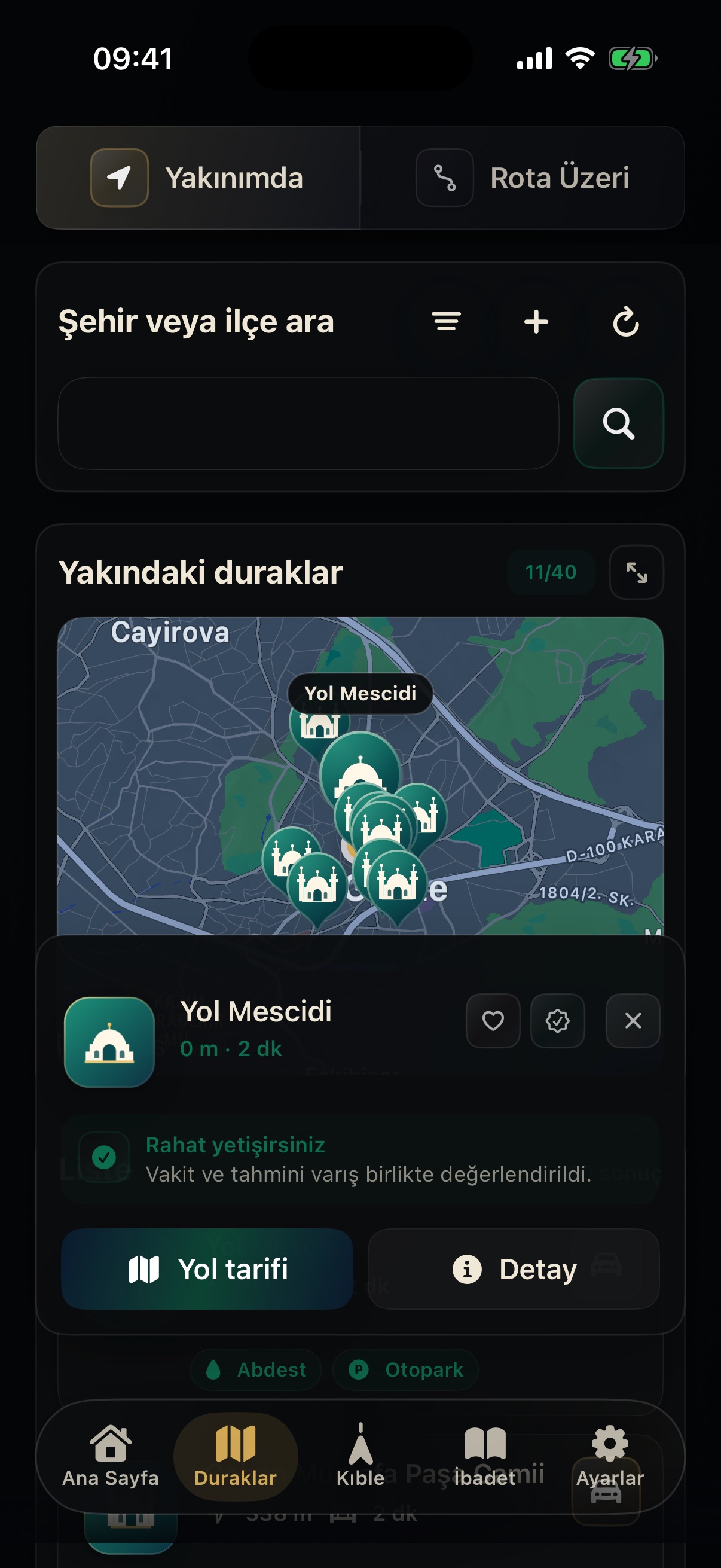 Namazı Kurtar önerilen durak ve vakte yetişme değerlendirmesi