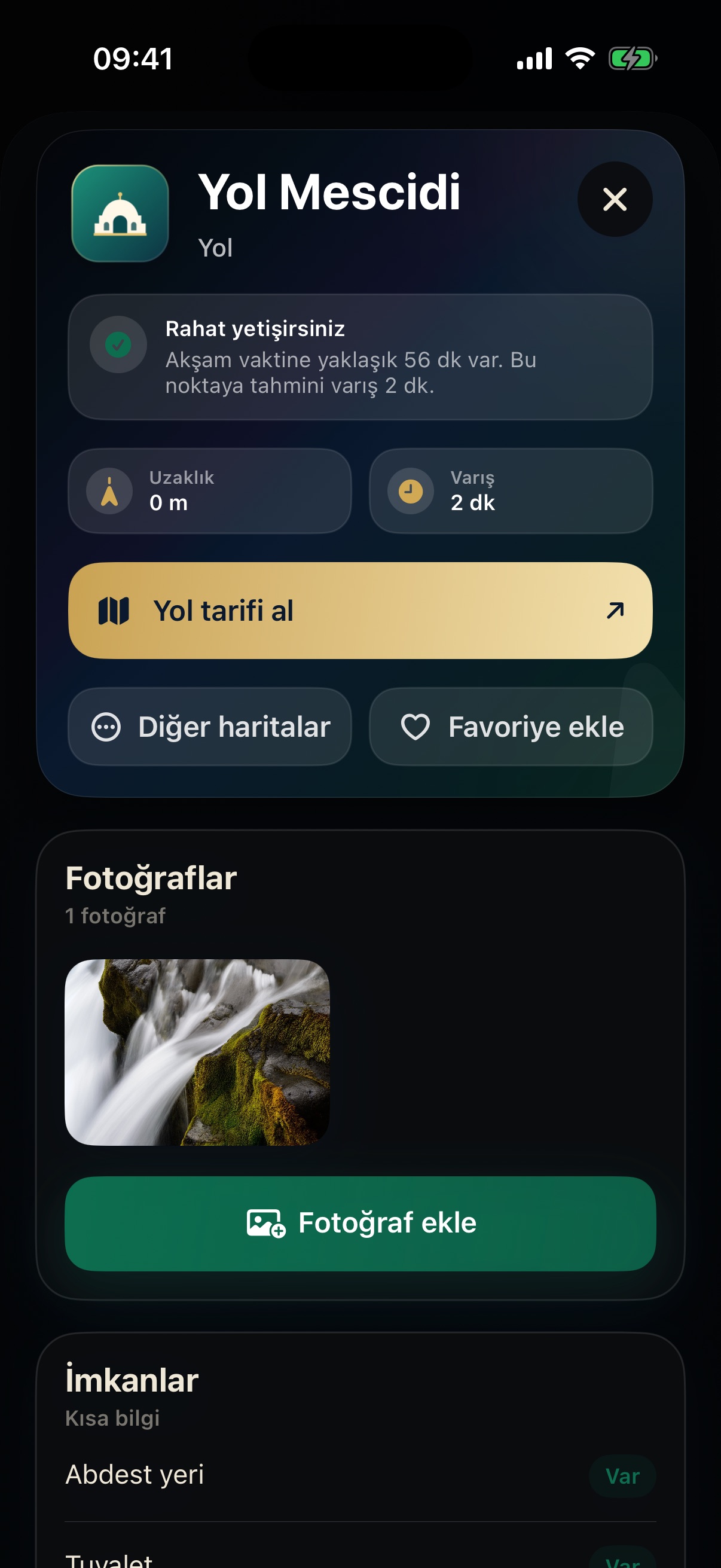 Durak detayındaki abdest, tuvalet, kadın alanı ve otopark bilgileri