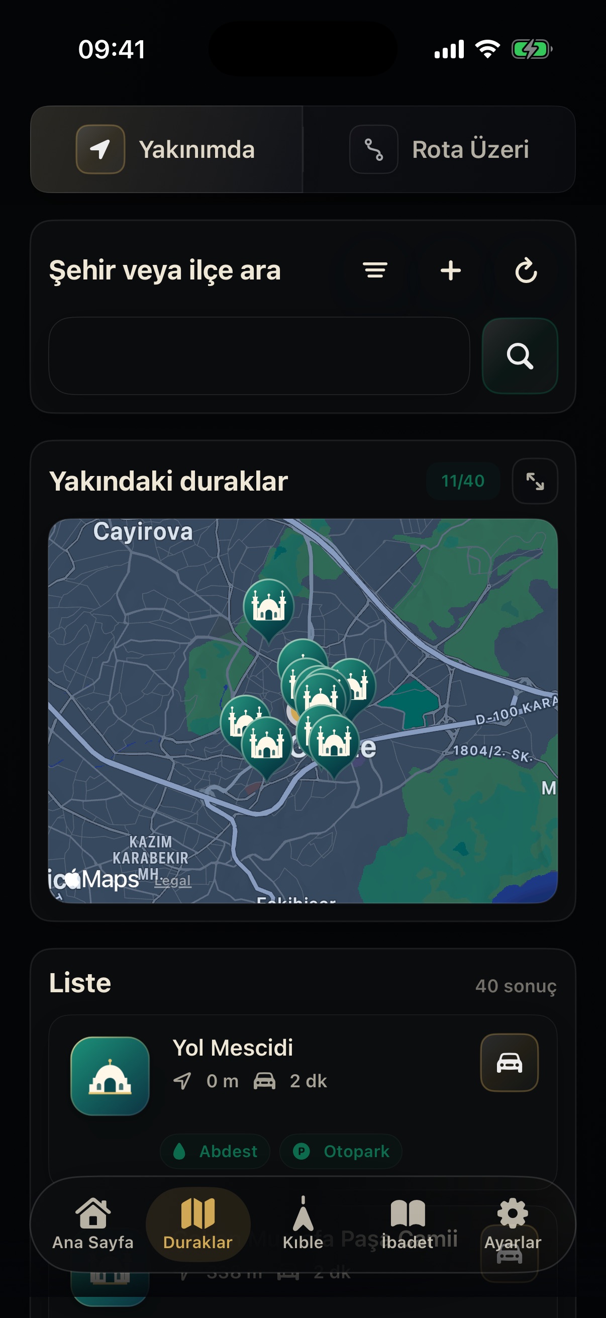 Güncel durak listesi ve harita ekranı